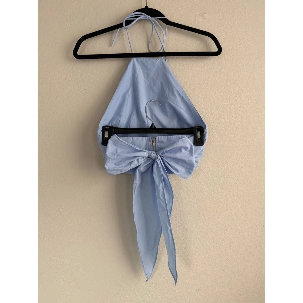 Lulus Light Blue Halter Crop Top Open Back Bow Tie XS Summer Sleeveless
